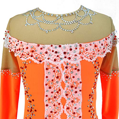 Vestido de patinação no gelo para meninas manga comprida vestido de dança com contas laranja, Laranj