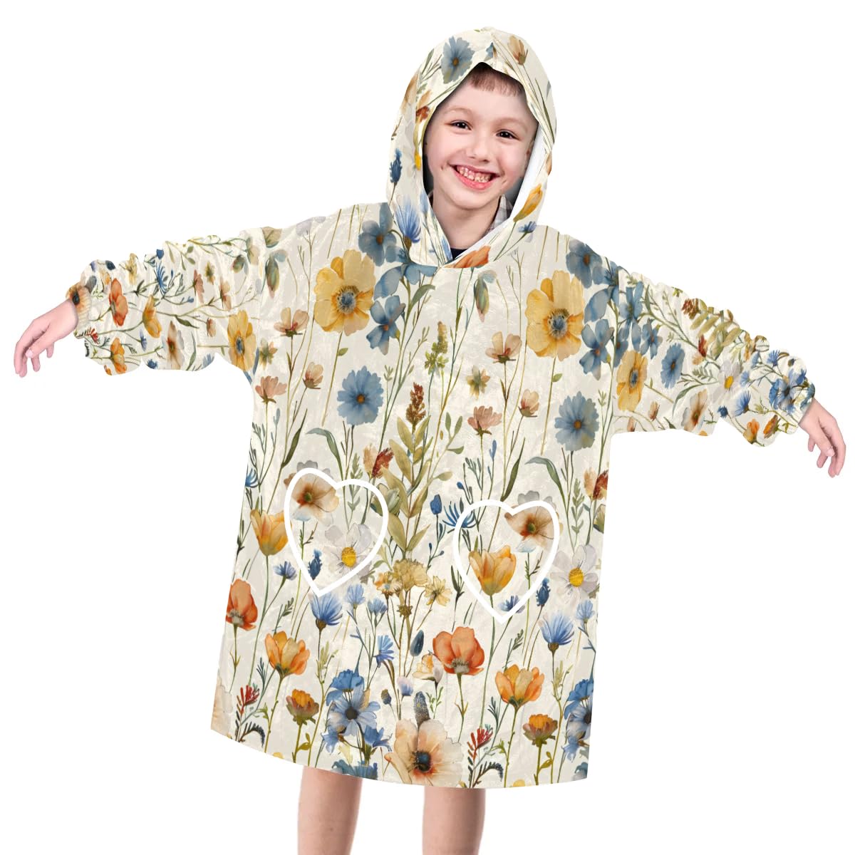 Wearable Blanket Hoodie for Kids, Bright Floral Fleece Sweatshirt Blanket Oversized Blanket Sweatshirt with Pocket Flannel Warm Hooded Blanket 6-10 Year Old Girl Boy Gift, One Size