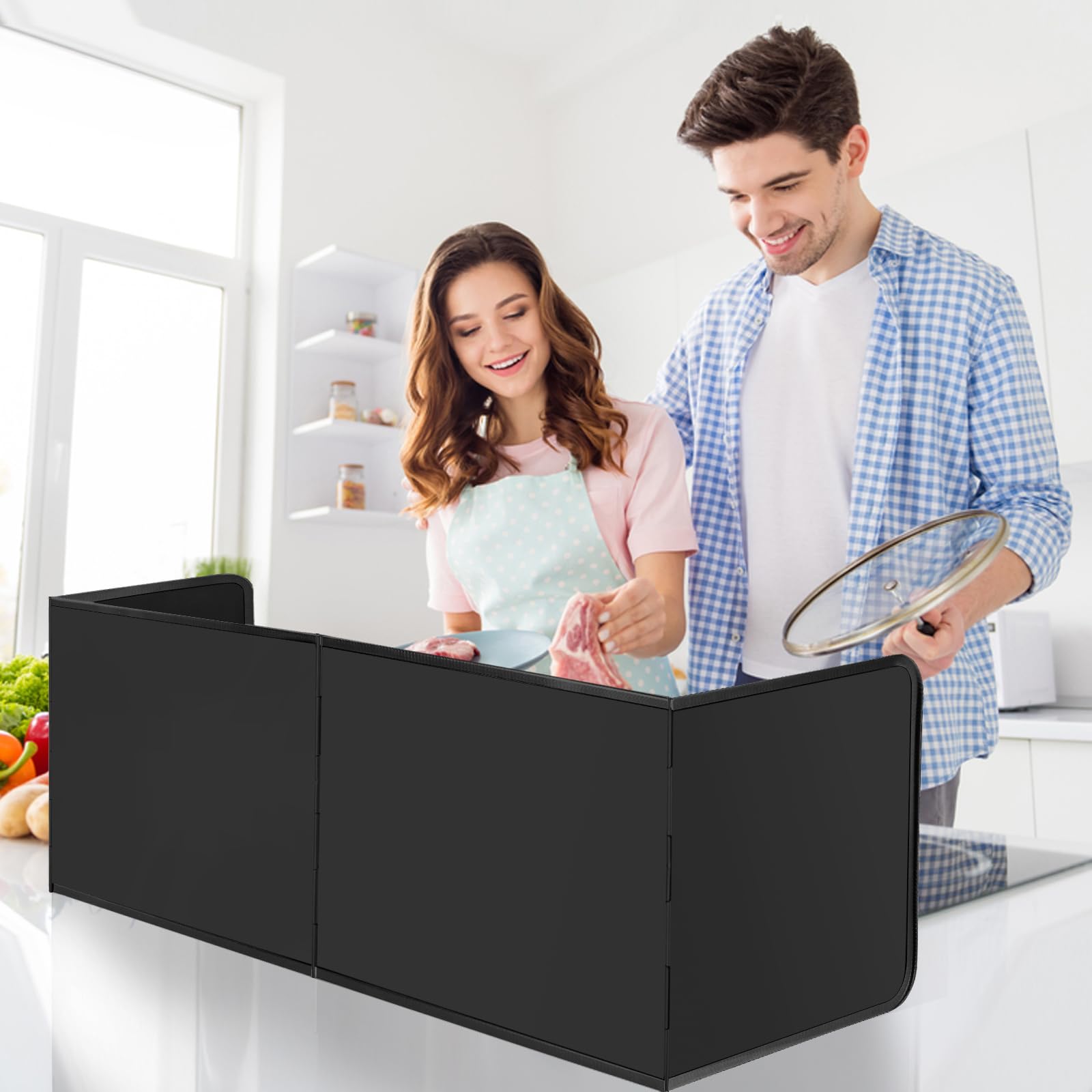 FoiiLiio Pannello Paraschizzi Cucina 4 Lati, Paraschizzi Cucina Pieghevole Protezione, Antiaderente Paraschizzi da Cucina Protezione, Protezione Schizzi di Olio per Cucine a Gas e Padella (Nero)