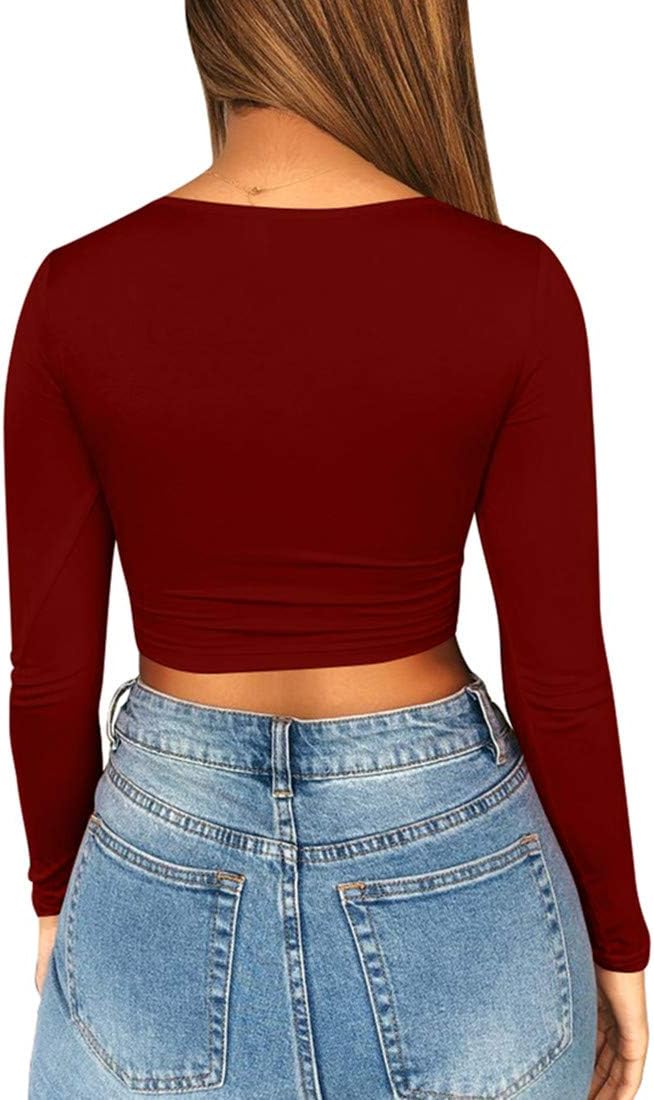 Mizoci Women's Sexy Ruched Tie Up Crop Top Basic Long Sleeve Cut Out T Shirt - Image 4