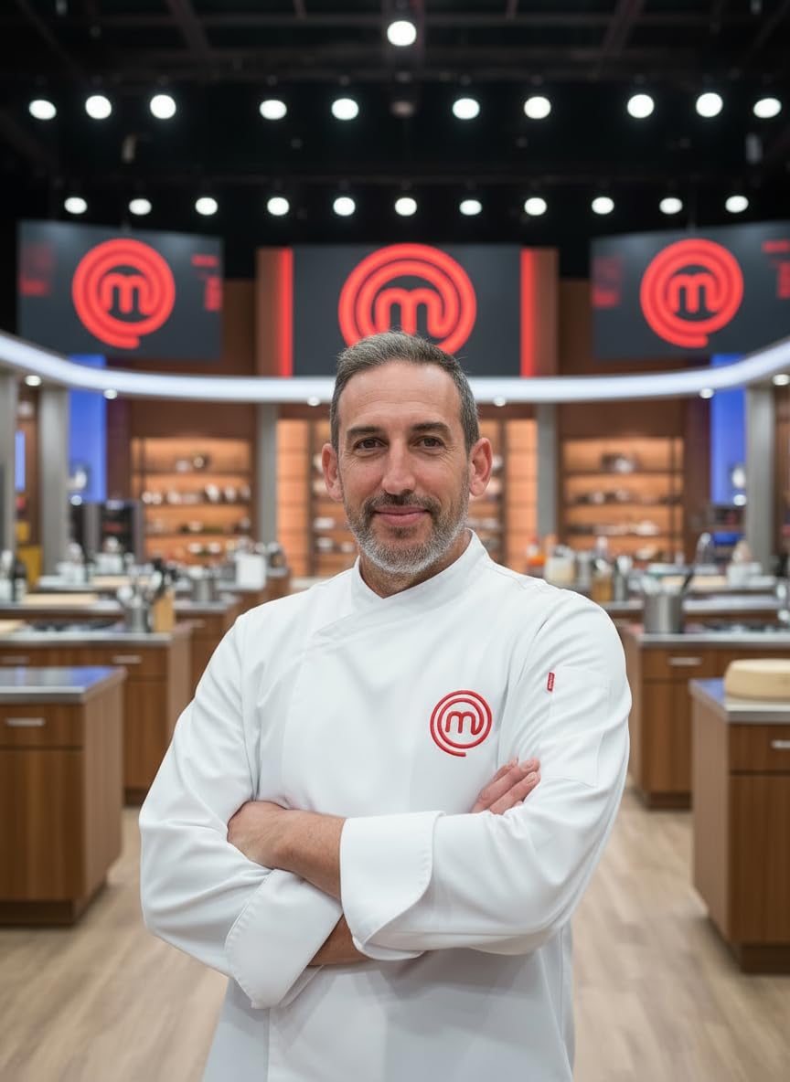 Chaquetilla Oficial MasterChef – Chaqueta de Chef Profesional Unisex, Bordada- Transpirable Coolmax®, Antibacterias, Repelente Líquidos, Tallas S-XL – Saquito Mágico