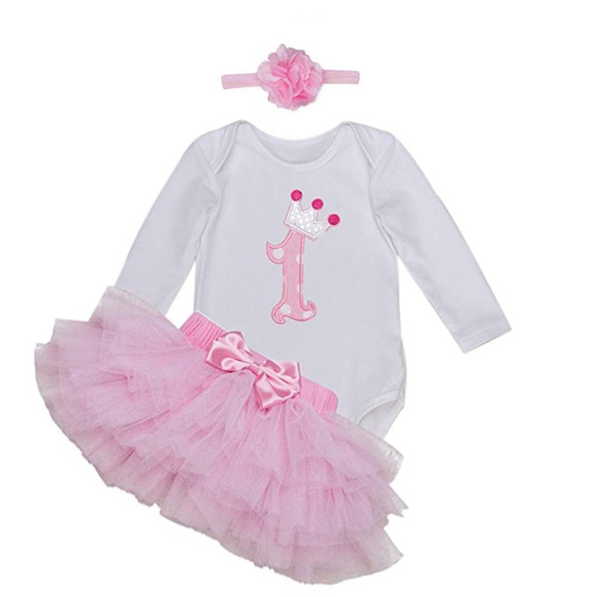 Babypreg Women's Pink Baby Girl's Long Sleeves 1St Birthday Tutu Outfit Dress Headband (12-18 Months, )