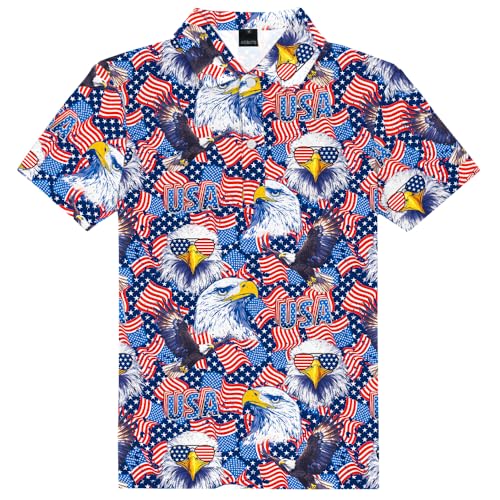 Image of AOBUTE Kids 4th of July Polo American Flag Short Sleeve Button Down Shirts Tops 3-14 Years