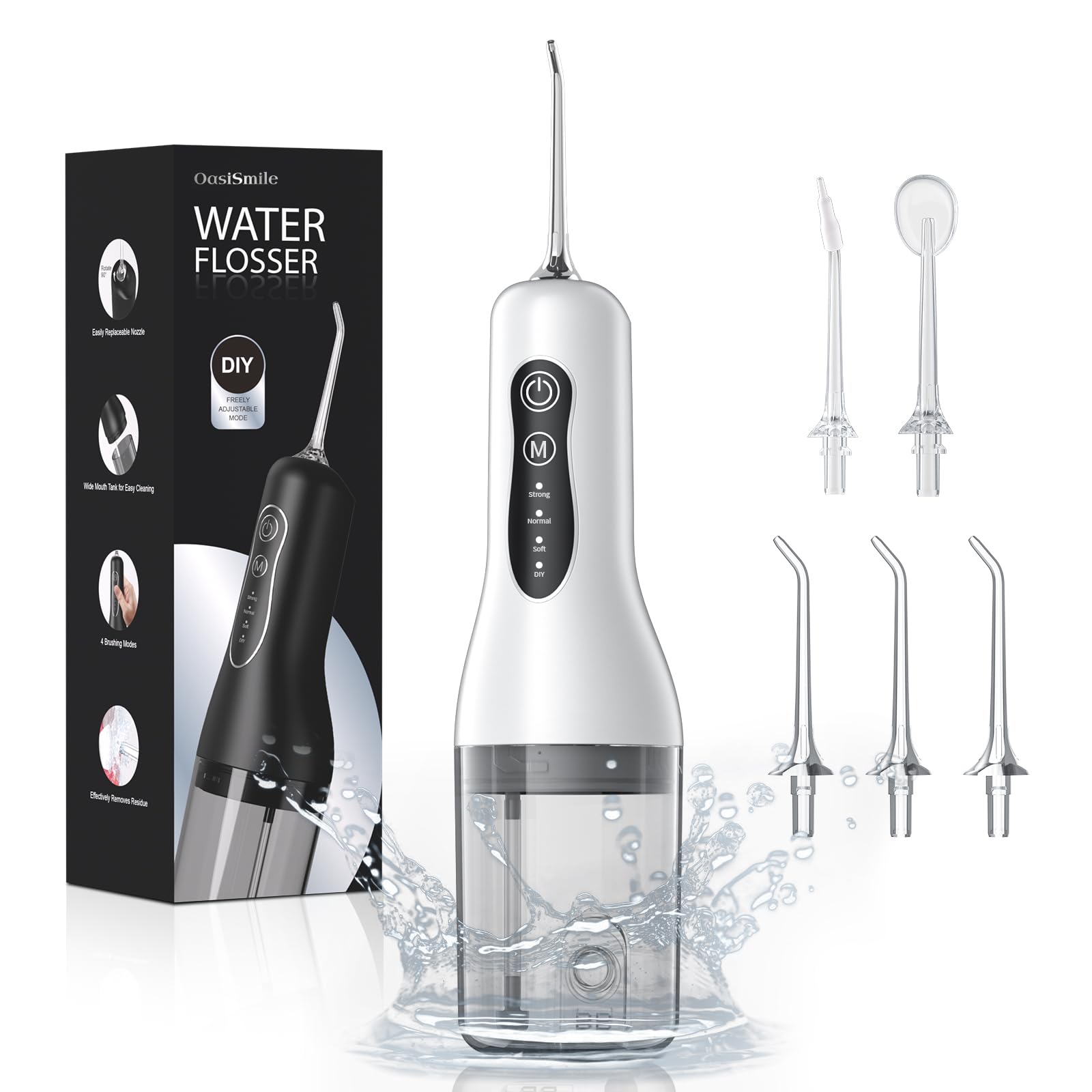 OasiSmile Irrigador Bucal Portatil Flosser, 4 Modos y 5 Boquillas, 260ML Irrigador Dental Eléctrico para la Limpieza Bucal, IPX7 Impermeable Limpiador Interdental para Casa y de Viaje, Blanco