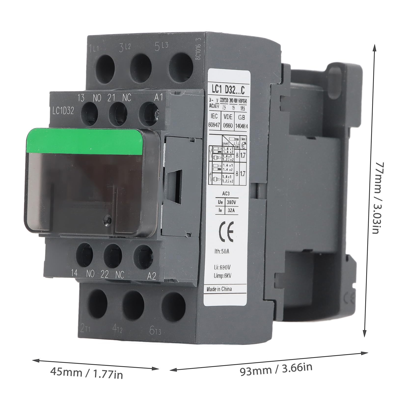 Contacteur AC LC1D32 32A Contrôleur de Moteur de Bobine Haute Tension, 1NO 1NC, Forte conductivité, pour Installation électrique Industrielle et Contrôle de Charging