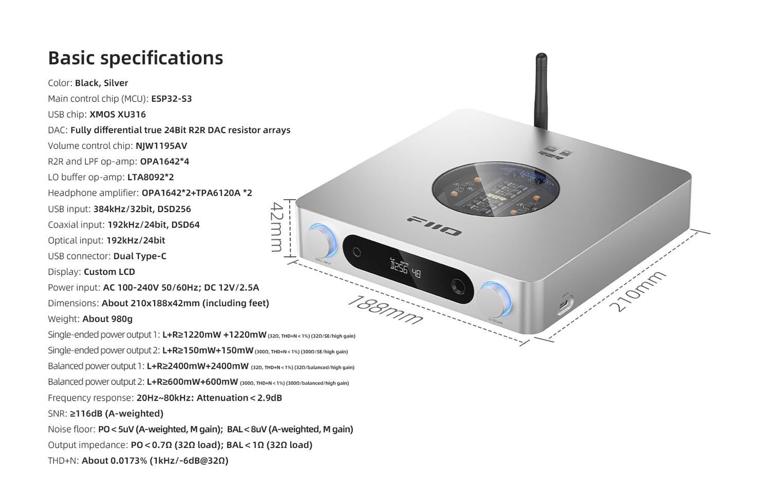 FiiO K13 R2R DAC de escritorio y amplificador de auriculares, DAC R2R de alta fidelidad de 24 bits, potente salida de 2400 mW, transmisión Bluetooth LDAC, fuente de alimentación dual, PEQ de 10 bandas