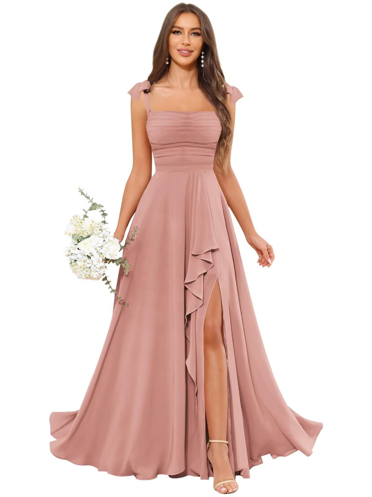 Aootumi Spaghetti Straps Chiffon Bridesmaid Dresses Square Neck Ruffles A Line Long Evening Dress with Slit Pockets