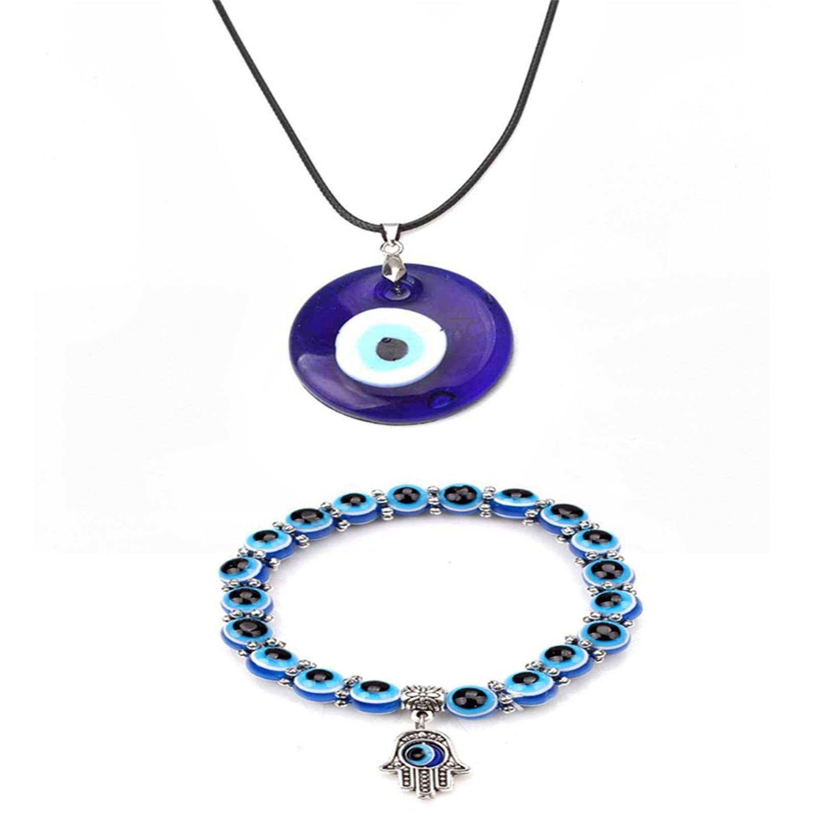 Lucky Turkish Blue Eye Bead Leather Cord Pendant Necklace Bracelet Jewelry Set Handmade Evil eye Hamsa Hand of Fatima Amulet Bracelet for Men Women Boy Girl Good Luck Protection Accessory-A round