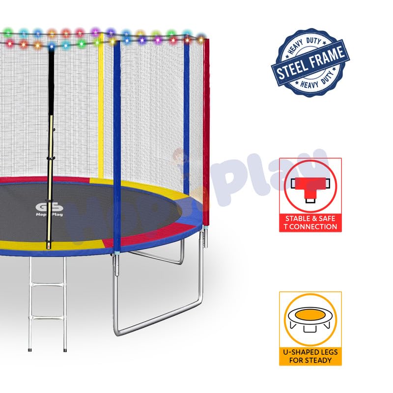 Image of Hop N Play Festive Edition 12 feet Heavy-Duty Jumping Trampoline for Adults & Kids with Safety Net, Remote-Control Waterproof LED Lights-Perfect for Indoor & Outdoor, Bouncer, Supports Up to 200kg