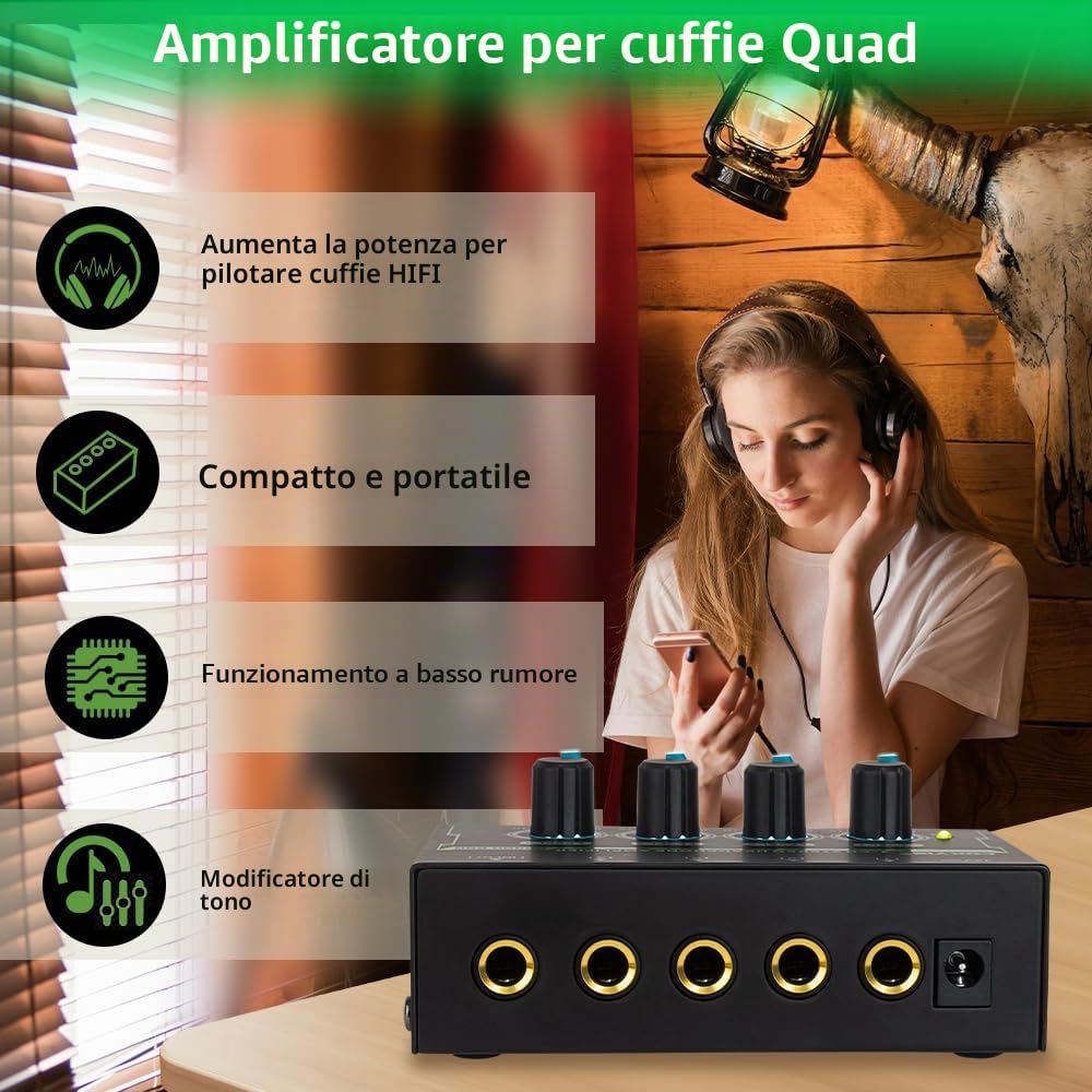 Btuty Amplificatore per Cuffie Stereo a 4 canali Mini Amplificatore Audio con Adattatore di Alimentazione DC 12V Interfaccia di ingresso/uscita da 6,35 mm Splitter