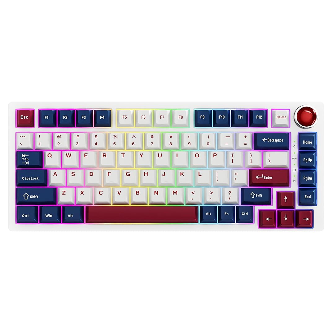 BOYI 82Keys Aluminum Alloy Mechanical Keyboard,75% RGB Gasket-Mounted BT5.0/2.4G/Type-C Wired Tri-Mode Hot-Swap Programmable PBT Keycaps Gaming Keyboard with Knob for MAC/Win(Ruby Red PBT Keycaps)