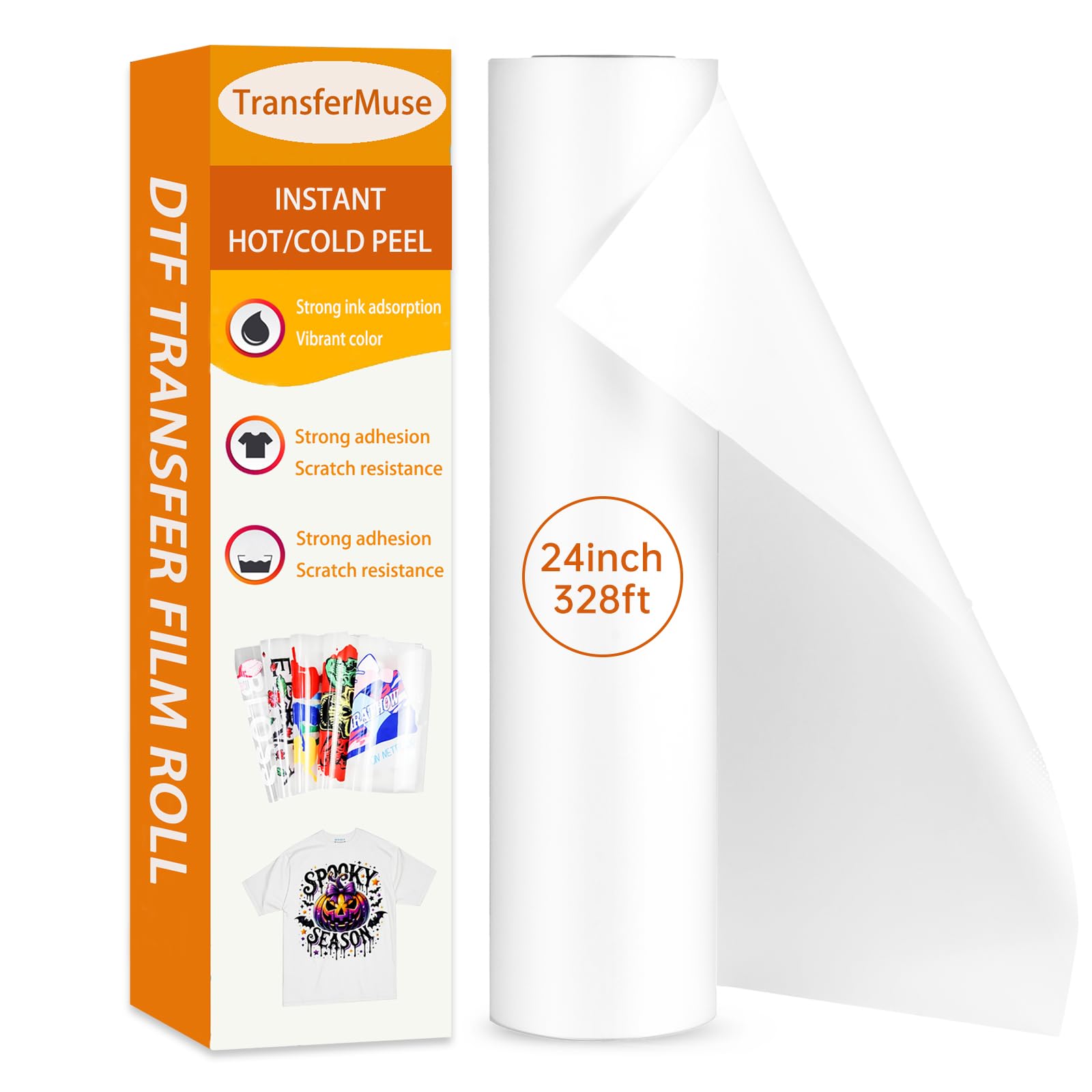 TransferMuse DTF Transfer Film Roll Double-Sided Matte Instant Hot Peel PET Transfer Paper Direct to Film (24in x 328ft)