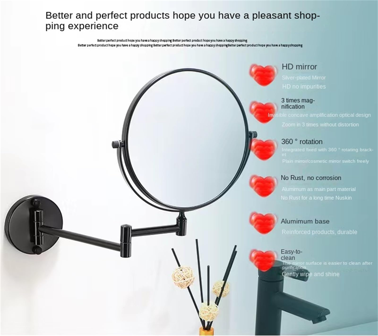 YSOLDA Espejo de Aumento de Doble Cara 1X y 3X, Espejo de tocador Plegable montado en la Pared, Espejos cosméticos Ajustables giratorios, Espejo de Afeitar de Aluminio Espacial para baño,Negro,8inch
