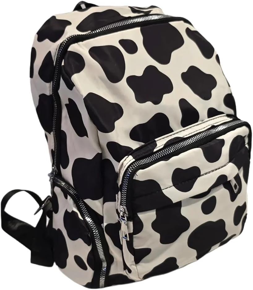 Mochila Escolar Vaca Print, 18 Litros, Nylon Resistente à Água, Design Casual Unissex com 5 Compartimentos, Alças Acolchoadas, Ideal para Escola e Faculdade, 34x40x12 cm