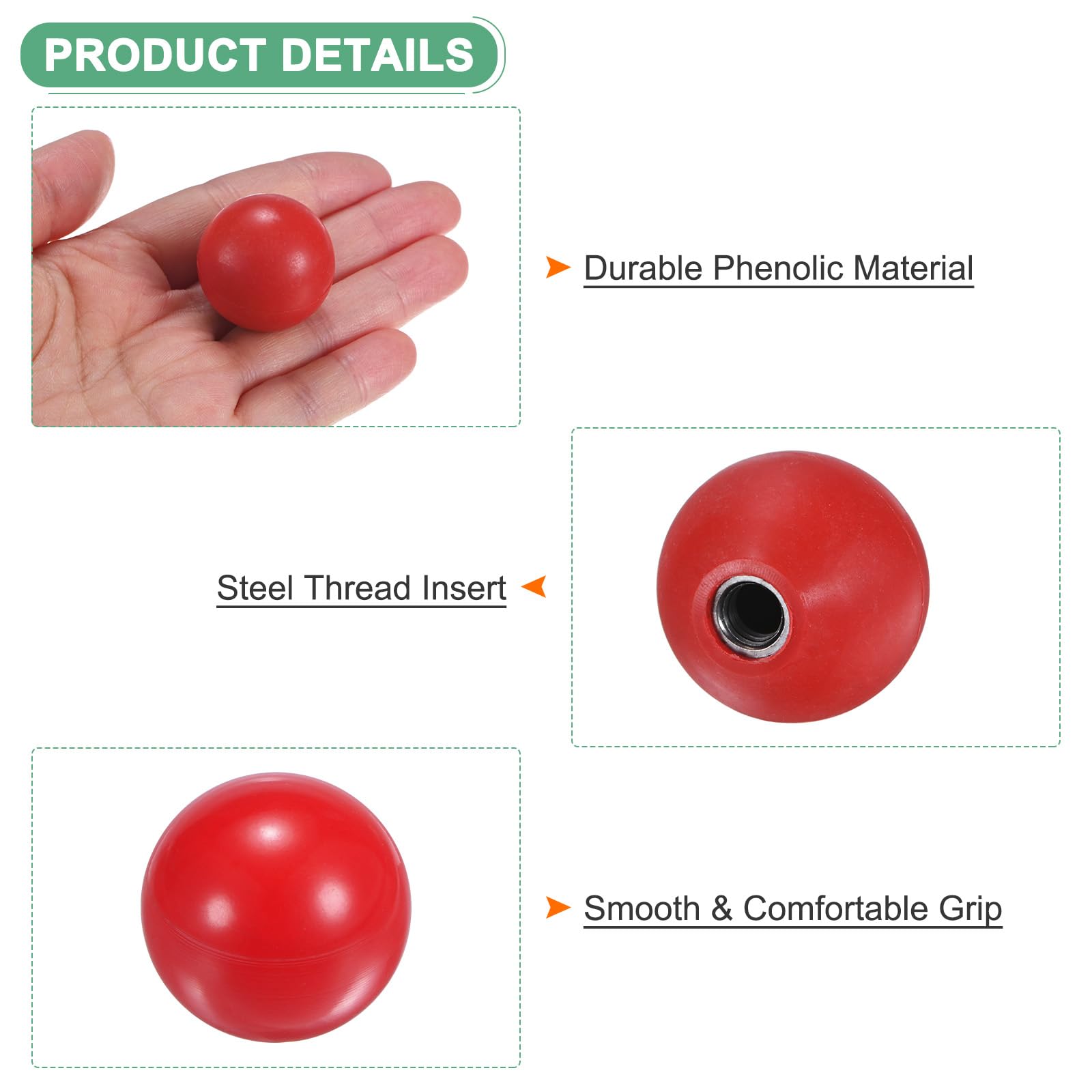 M METERXITY 5-Pack Threaded Ball Knobs, M6 Female Thread 25mm Dia. Thermoset Ball Knob for Lathe/Machine/Lawn Mowers, Round Phenolic Steel Insert Lever Handle [Red]