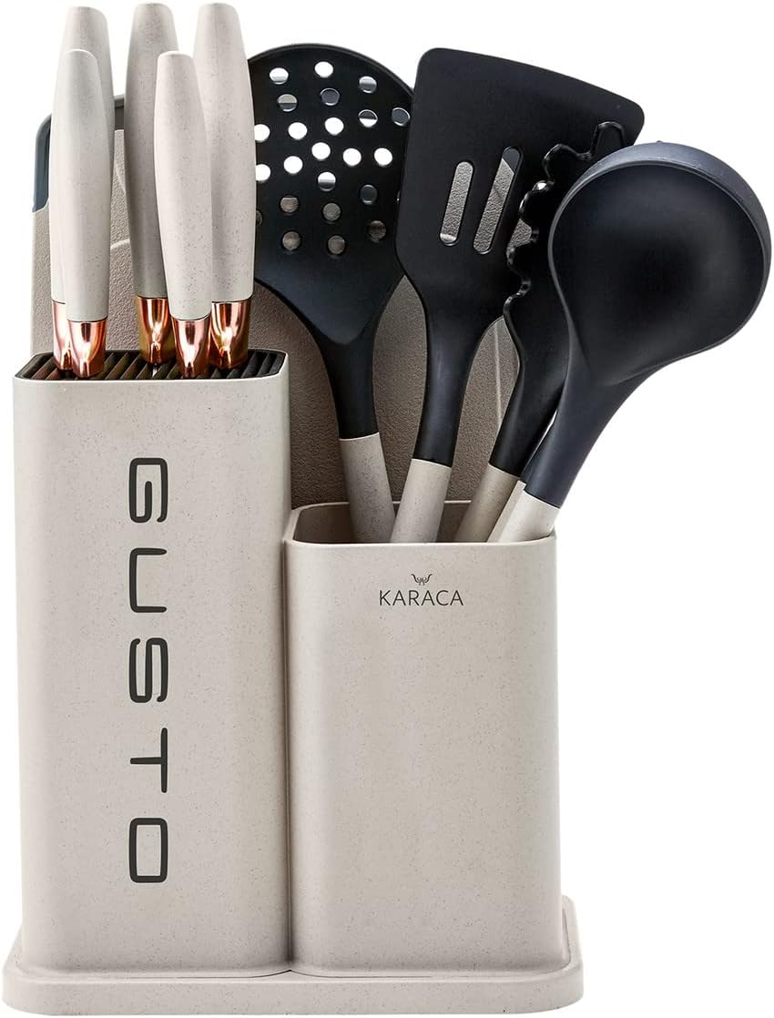 Karaca Gusto Kitchen Utensil Set Stainless Steel with Chopping Board and Holder – Kitchen Appliances for Cooking – 12 Pieces Cookware Tools – Cream & Black