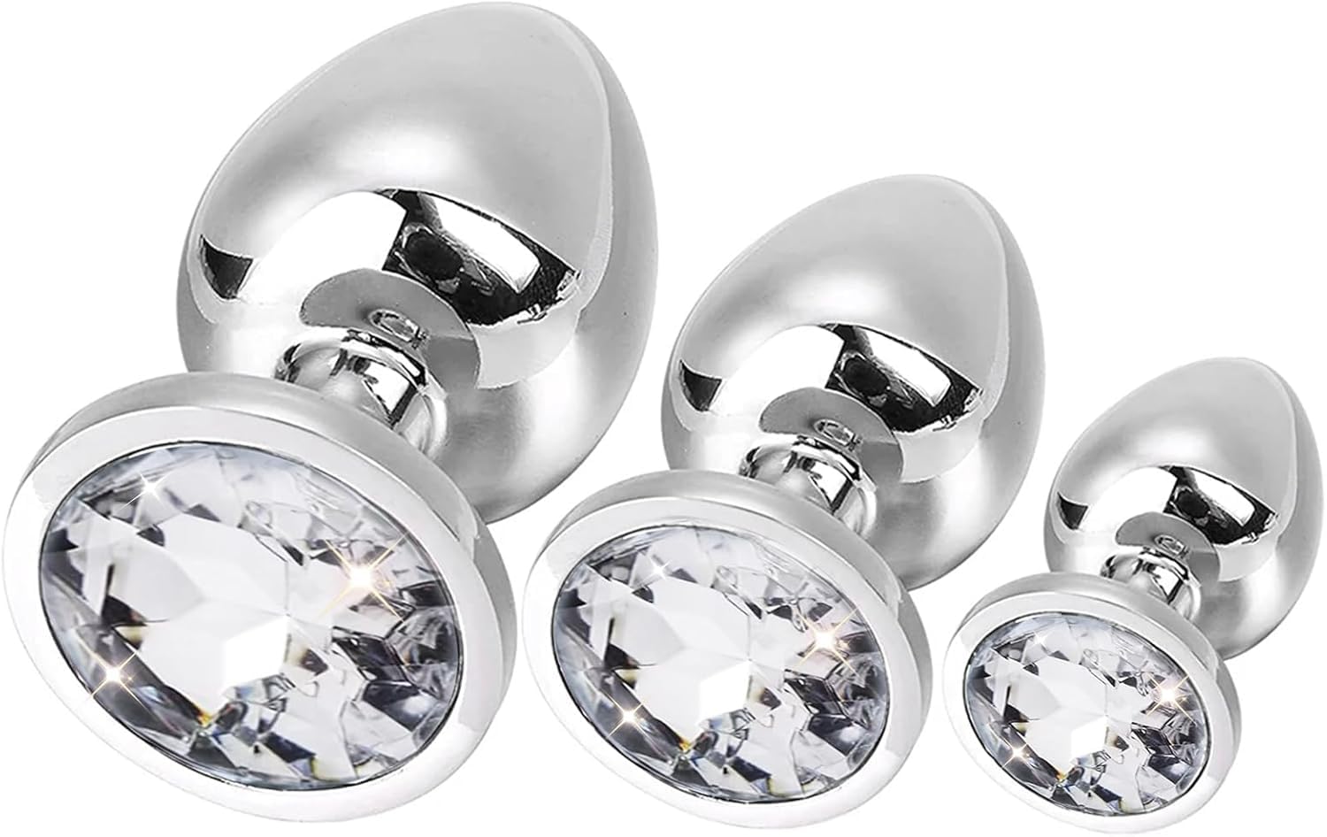 BONDAGERIE® Plug anale in metallo con gioiello bianco, sacchetto incluso, sextoys, Taglia Kit 3 Plug S M L