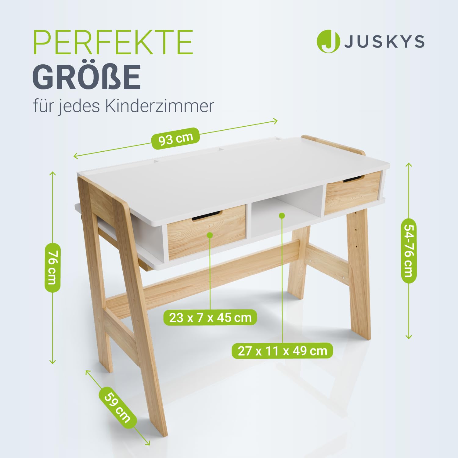 Juskys Kinderschreibtisch Fietje - Höhenverstellbarer Schreibtisch für Kinder, aus Holz, mit 2 Schubladen und viel Stauraum - Lerntisch in Weiß