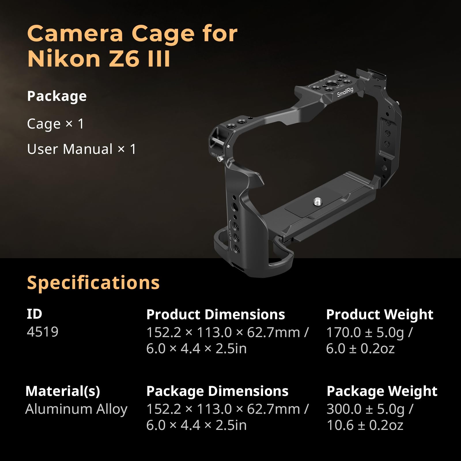 SMALLRIG Cage Z6 III pour Nikon Z6 III, Cage Complète en Alliage d'Aluminium avec Conception Anti-Torsion, Plaque de Fixation Rapide pour Arca - 4519