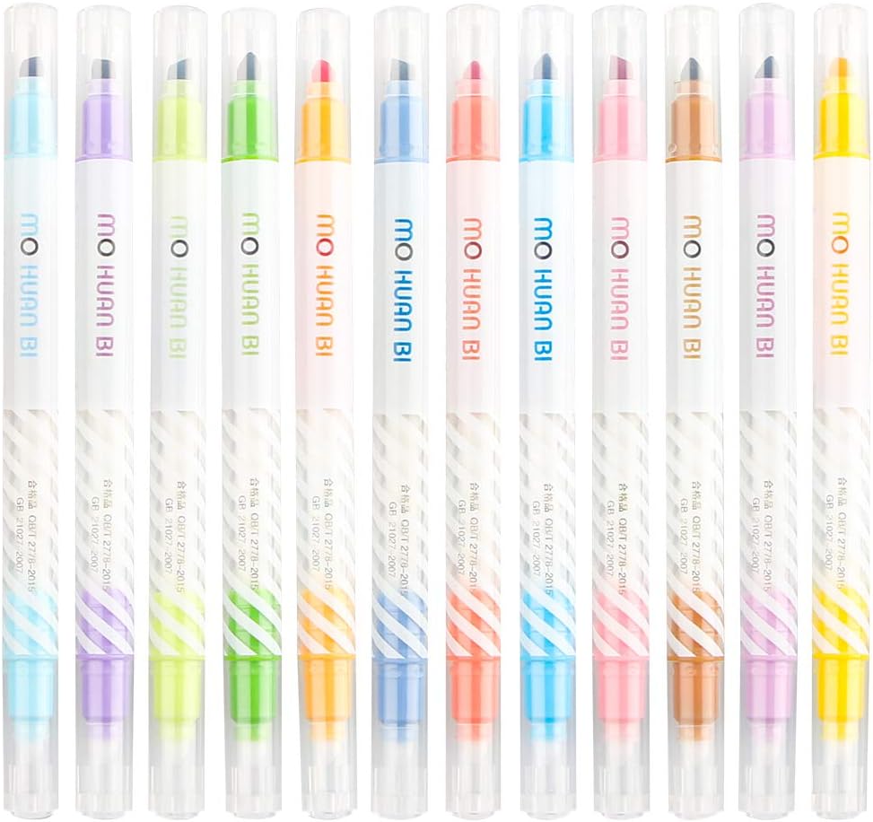Tomorotec Magic Highlighters, Color Changing Highlight Pens Dual Tip Chisel Tip Assorted Highlighter Pen Marker Assorted Fluorescent [12 Pack]