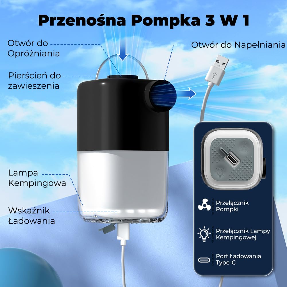 Przenośna pompka elektryczna 4000 kPa do nadmuchiwanego materaca, elektryczna pompa powietrza 3000 mAh z lampą kempingową, może nadmuchiwać i nadmuchiwać, czarna