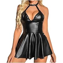 HGps8w Women's PU Metallic Latex Leather Pleated Mini Dress Clubwear Lingerie Sexy Halter A-Line Cutout Party Dresses