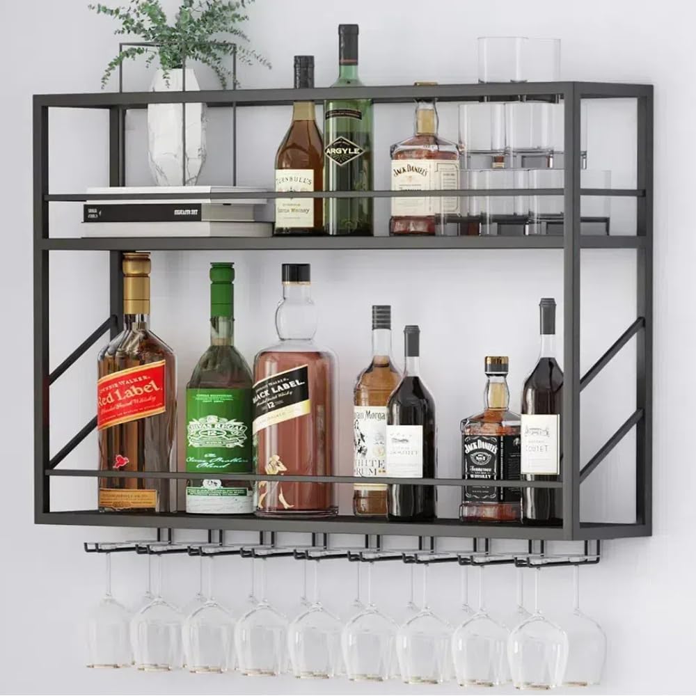 Wall Mounted Wine Rack, Wine Rack Wall Mounted with Wine Glass Rack, 2-Tier Multi-Functional Shelf for Home Restaurant Bar Storage Rack(31.5”W x 7.8”D x 26”H) 31.4""W x 25.6"H