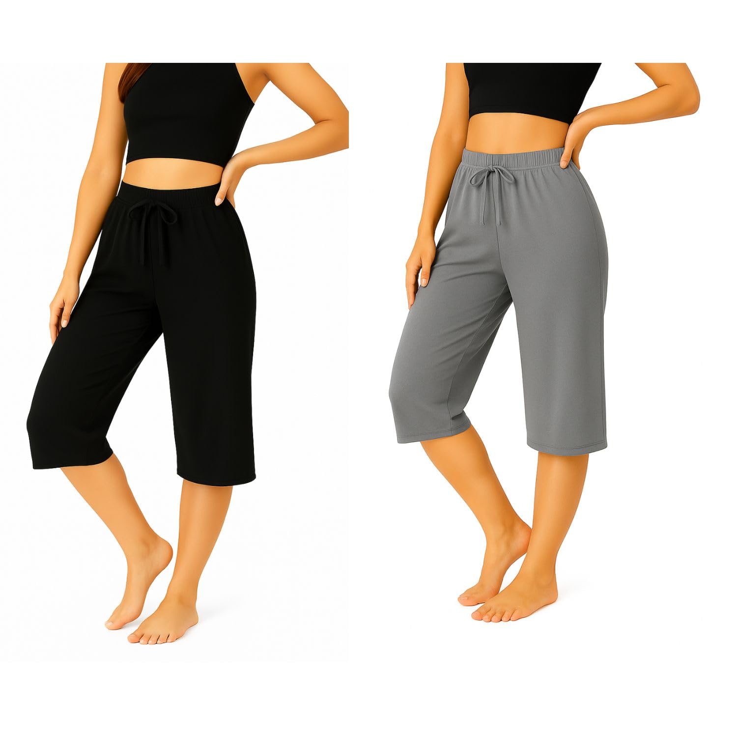 Women's Cotton Plain Capri Pants, Loosefit Yoga Pants for Girls Black, Grey (2Pack)-image-47