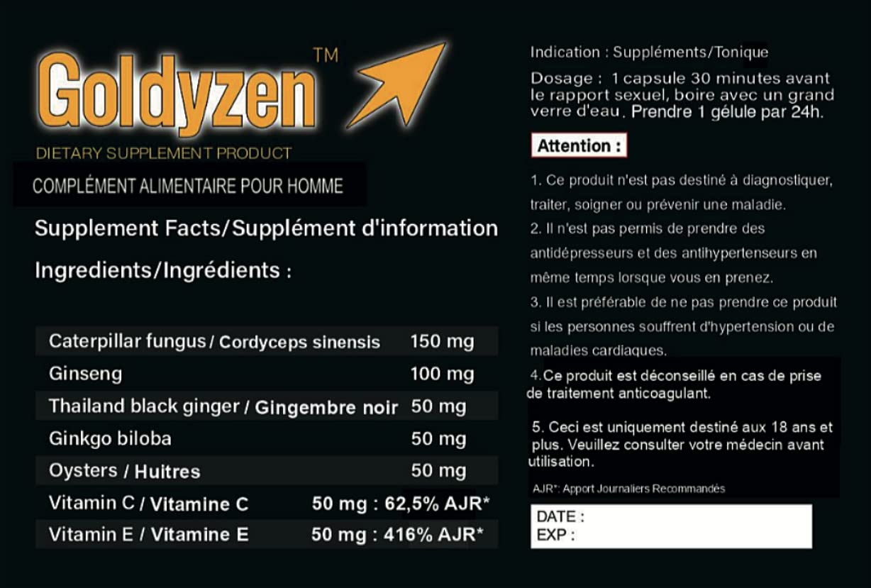 Goldyzen Complexe de Ginseng - Complément alimentaire 100% à base de plantes, stimulant l'endurance et la puissance – Nouvelle Formule pour hommes - 20 Gélules