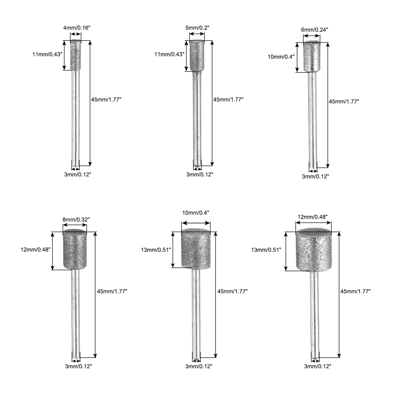 uxcell Diamond Grinding Burrs Drill Bit 1/8 Inch Shank 4/5/6/8/10/12mm Dia Cylindrical Diamond Mounted Points Bit for Carving Polishing Jade Jewelry Amber Stone Beeswax Glass 1 Set