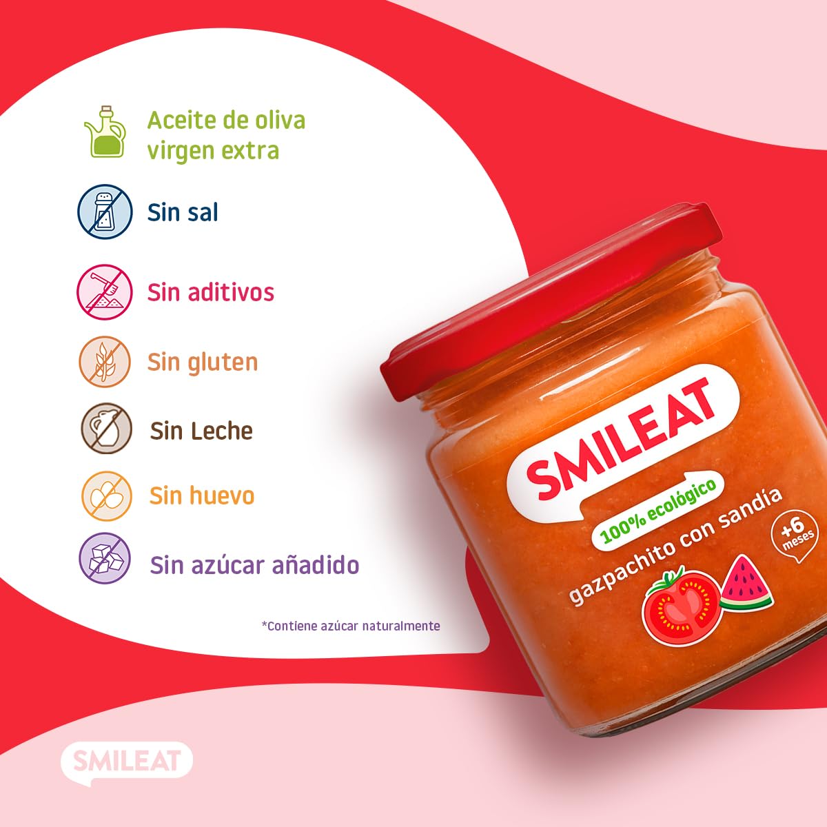 Smileat - Tarrito de Gazpachito con Sandia - Gazpacho para Bebés desde 6 Meses - Verduras y Frutas Ecológicas - con Aceite de Oliva Virgen Extra - sin Sal ni Azúcar Añadido - 190g