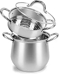 Panela a Vapor, Conjunto de Panela Inox 5,5L 20cm, Espagueteira em Aço Inox Fundo Triplo com Tampa e Alças, Panela de Macarrão com Escorredor