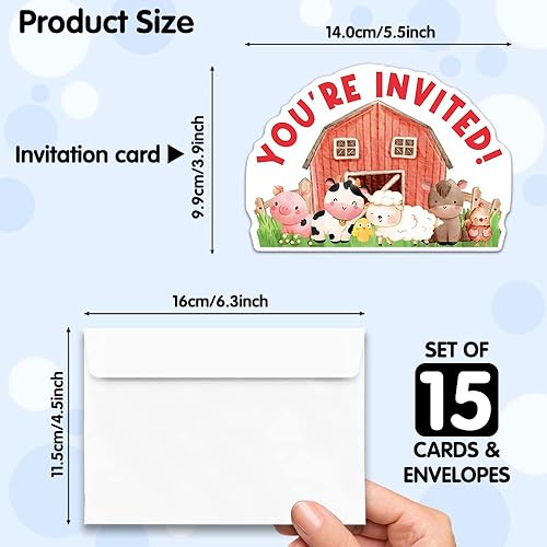 Miniatura 2 de Paquete de 15 tarjetas de invitaciones con forma de animales de granja y animales de granja con sobres para niños y niñas adultos, divertidas