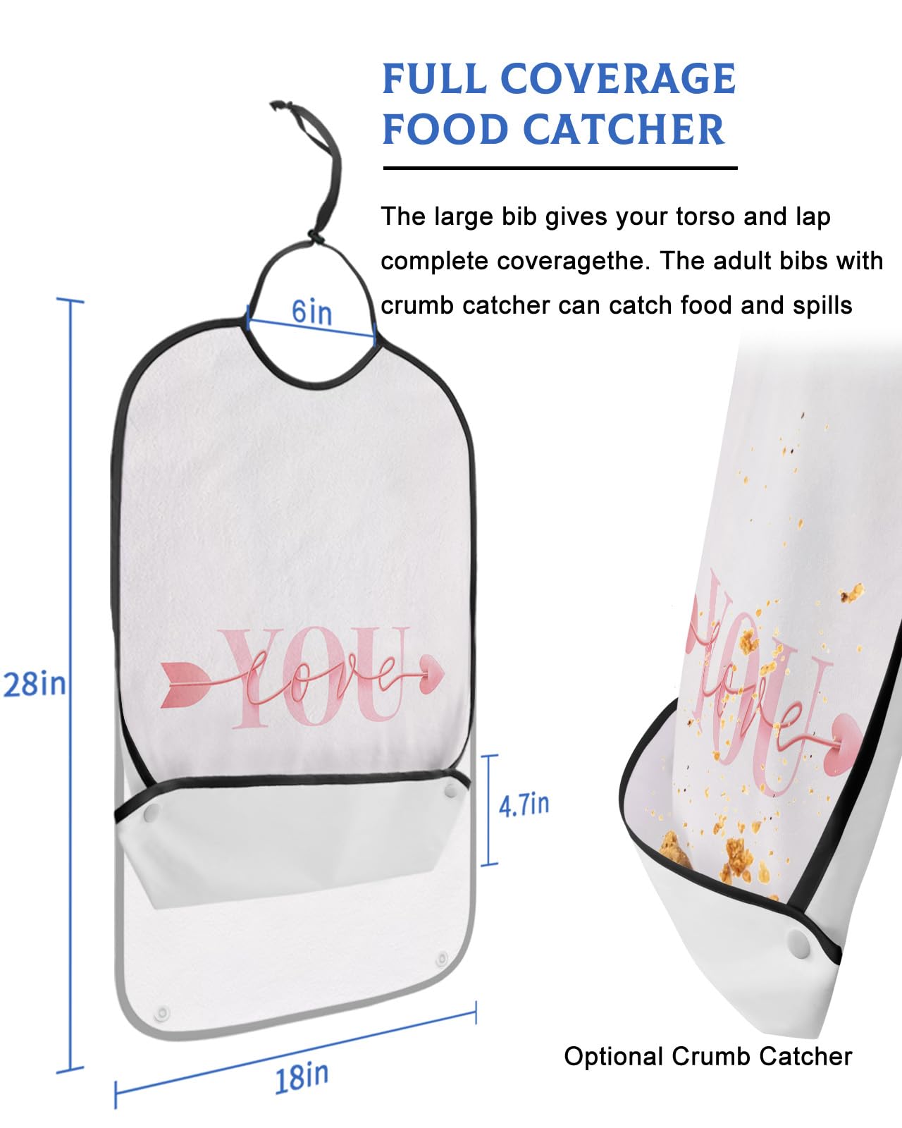 LEOKOTI Pink Love Heart Adult Bibs for Eating, Waterproof Bibs with Food Catcher & Adjustable Snap Closure, Love You Valentines Washable Clothing Protectors Adult Bibs for Elderly Women/Men