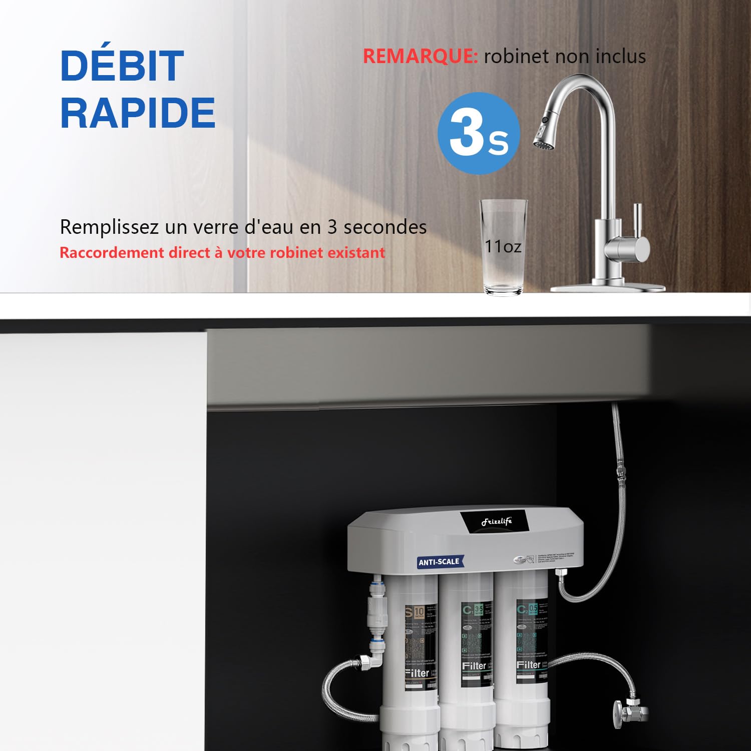 Frizzlife Système de Filtre à Eau Sous Évier SK99-NEW, Connexion Directe, Certifié NSF/ANSI 53&42, 0,5 Micron, 3 Étapes filtration d'eau, Réduit Plomb, Chlore, Chloramine, Fluorure,white