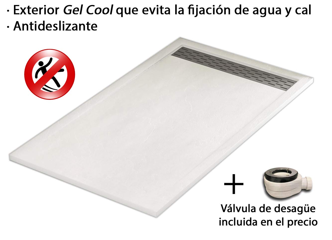 Plato Ducha Resina Efecto Pizarra Extraplano, Resistente al Rayado, Muy Agradable al Tacto. Con Rejilla Extralarga 80x120 Blanco