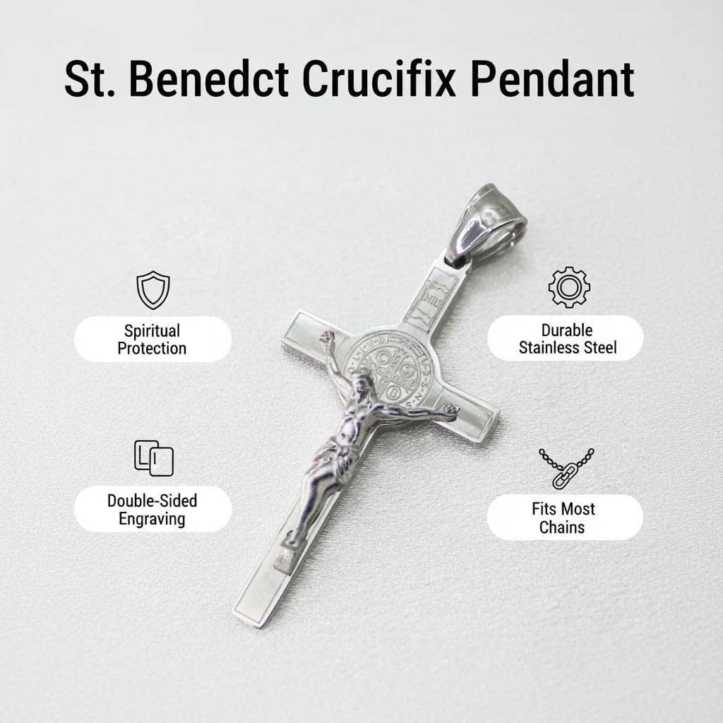 Medaglia in acciaio inossidabile con patrono San Benedetto, crocifisso cattolico, ciondolo, amuleto di protezione, regali per uomini e donne