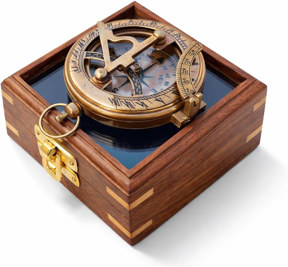 Antique Brass Sundial Compass with Wooden Box – 2.5 Inch Nautical Navigation Instrument, Vintage Maritime Decor Gift for Collectors & Men