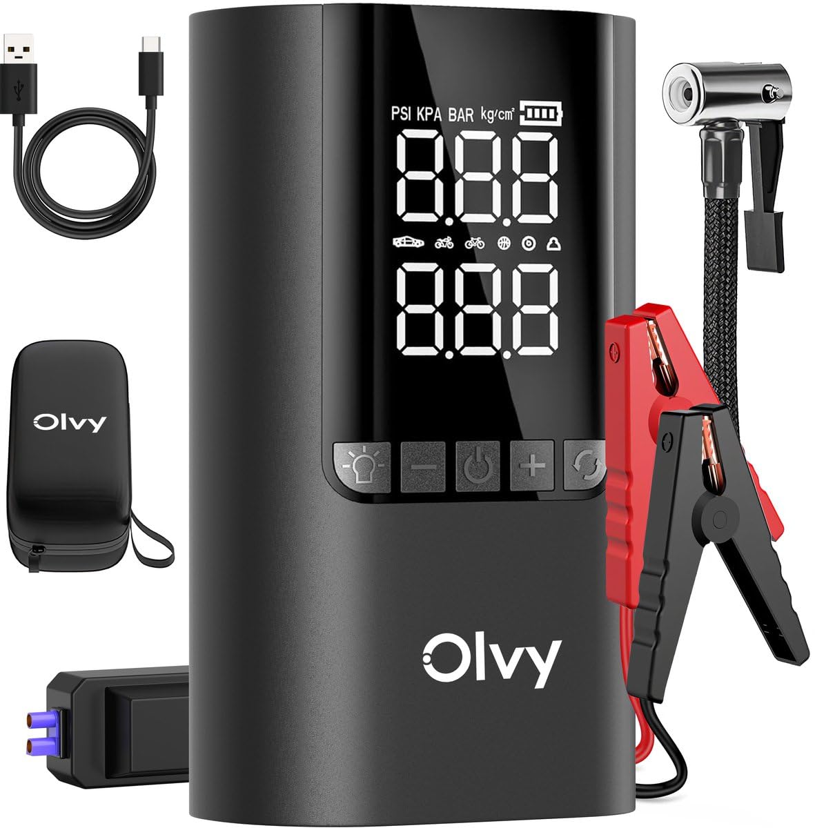 Olvy 4-in-1 Portable Car Jump Starter with Air Compressor, 1500A Peak, 12000mAh Power Bank, Smart Protection, LED Light, Digital Display, Compact Jump Starter for 12V Petrol & Diesel Vehicles