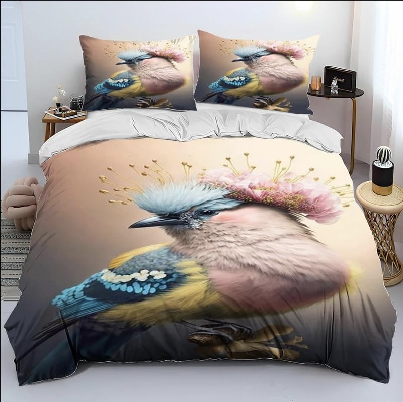 Housse de couette 90x190 enfant avec taie oiseau beige pour parure de lit microfibre