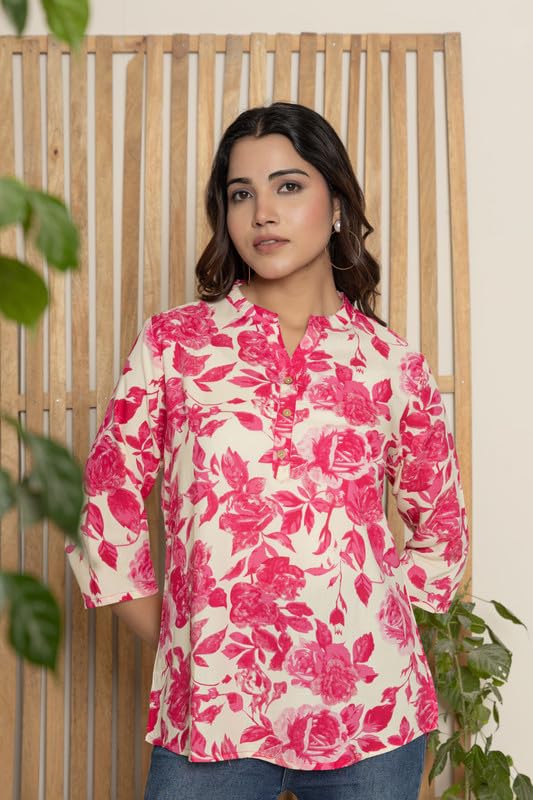 Image of Women's Cotton Printed Kurta Top | 3 /4 Sleeve Straight Kurti Casual Outings