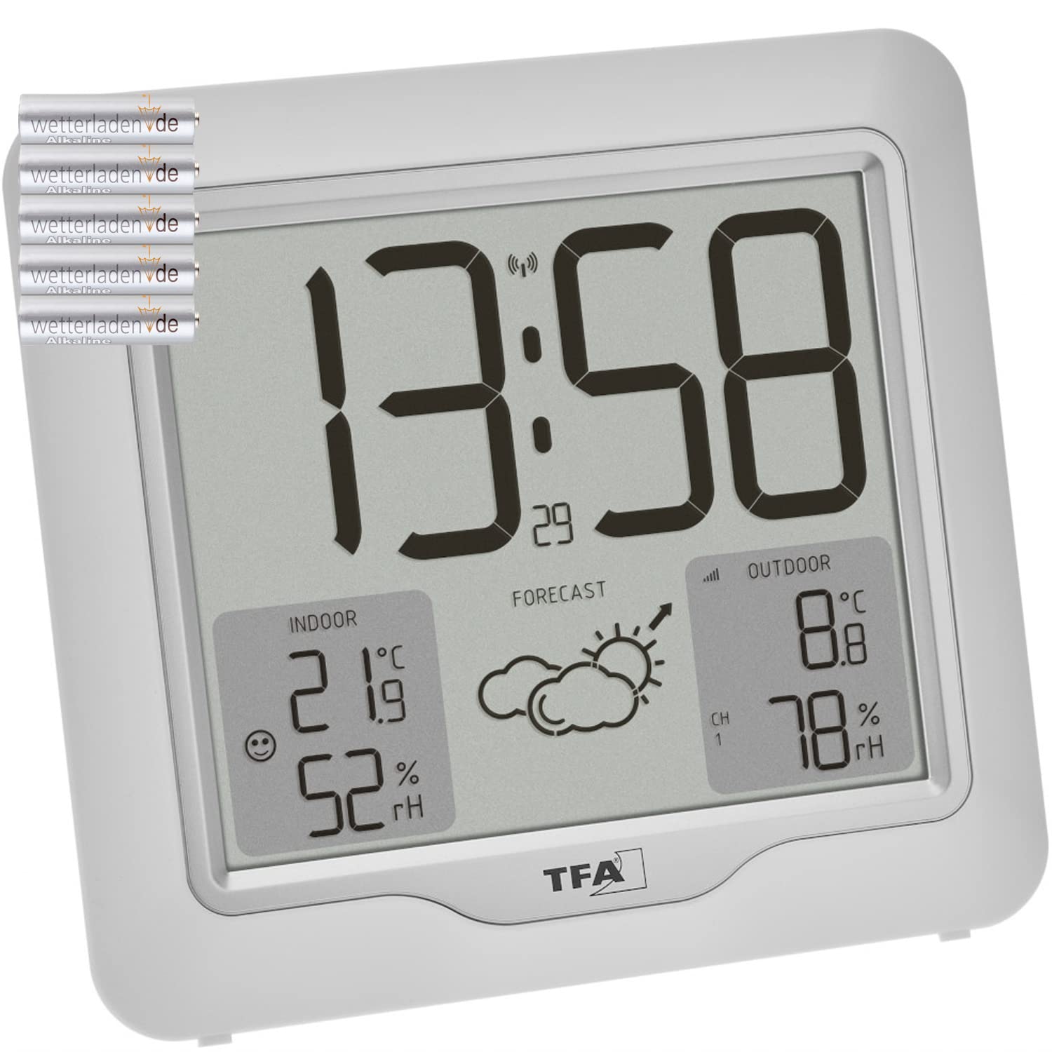 TFA Dostmann Digitale Funk Wetterstation Metro Plus, 35.1164.02, inkl Aussensender, Temperatur und Luftfeuchtigkeit, Wettervorhersage, großes Display, inkl Funkuhr, weiß mit Batterien