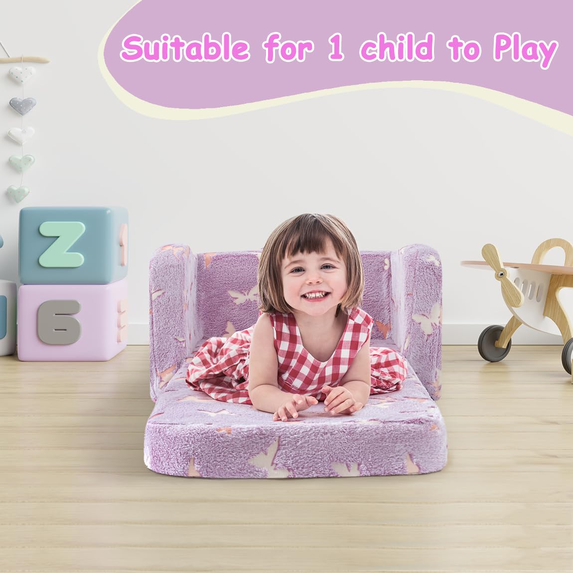 Silla para niños pequeños, sofá plegable 2 en 1, sillas convertibles para niños pequeños, cómodo sofá a tumbona con función que brilla en la oscuridad, suave para niñas y niños, mariposa 4