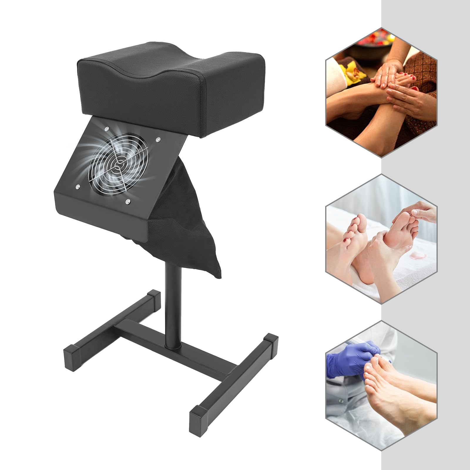 Taburete de pedicura silla negra con colector de polvo Altura ajustable Manicura Cuidado de los pies con base en forma de H Silla de masaje Reposapiés Manicura Silla de Técnico de Uñas