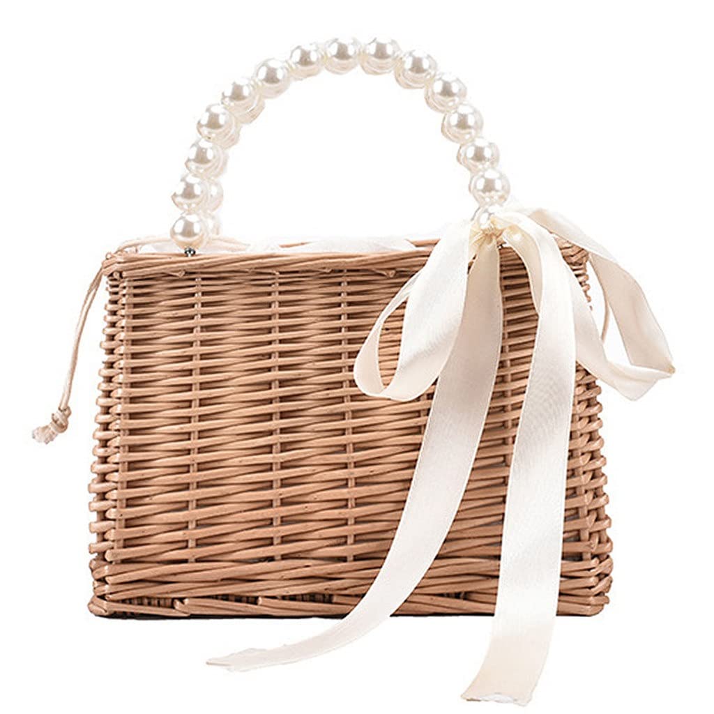 Women Rattan Handbag Handmade Ladies Bohemia Beach Ribbon Handbags Tote Purses Pouch Pearl Basket