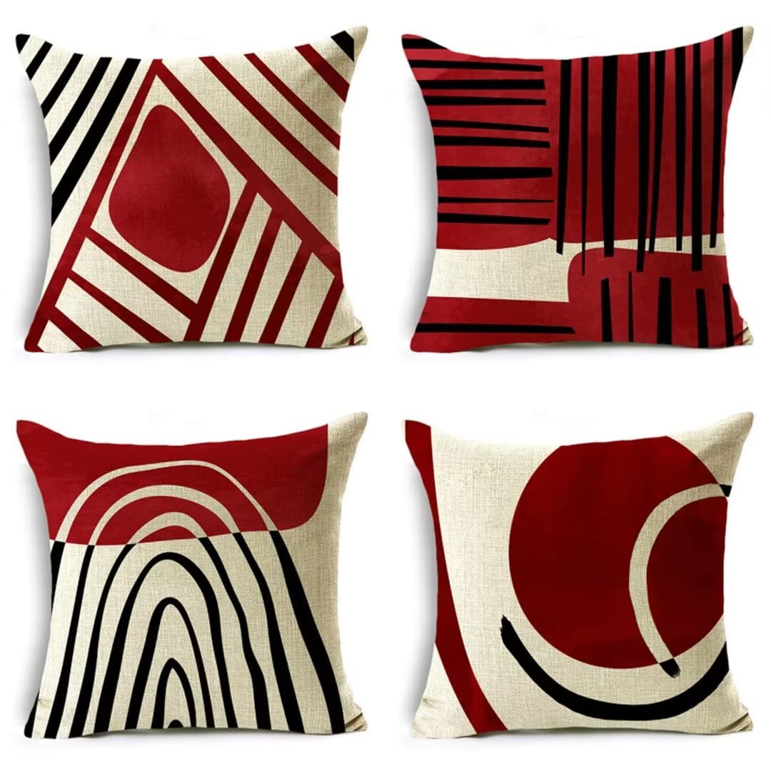 Housse de coussin géométrie rouge 40x40 cm lot de 4 en velours doux pour canapé salon