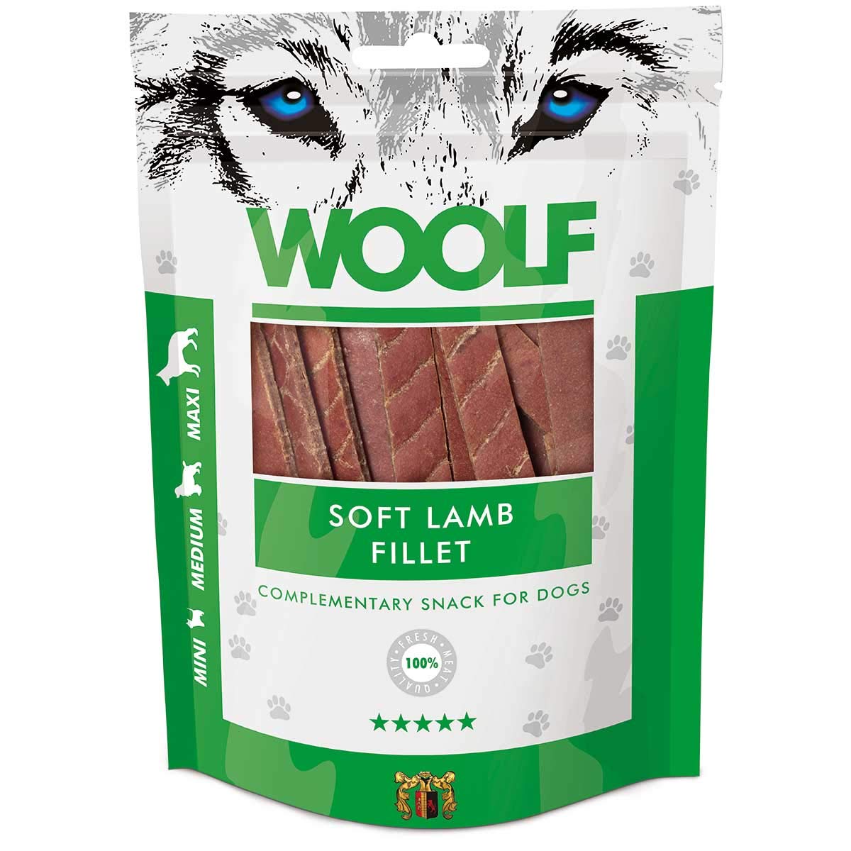 Woolf - Tiras - Snack Natural Perro - Snack, Premio, chuche, golosina Natural Perro - Pack Ahorro - Salmón, arándanos, Pato, Cordero, Pollo, Bacalao - 100gr - 6uds (Woolf Filete Tierno de Cordero)