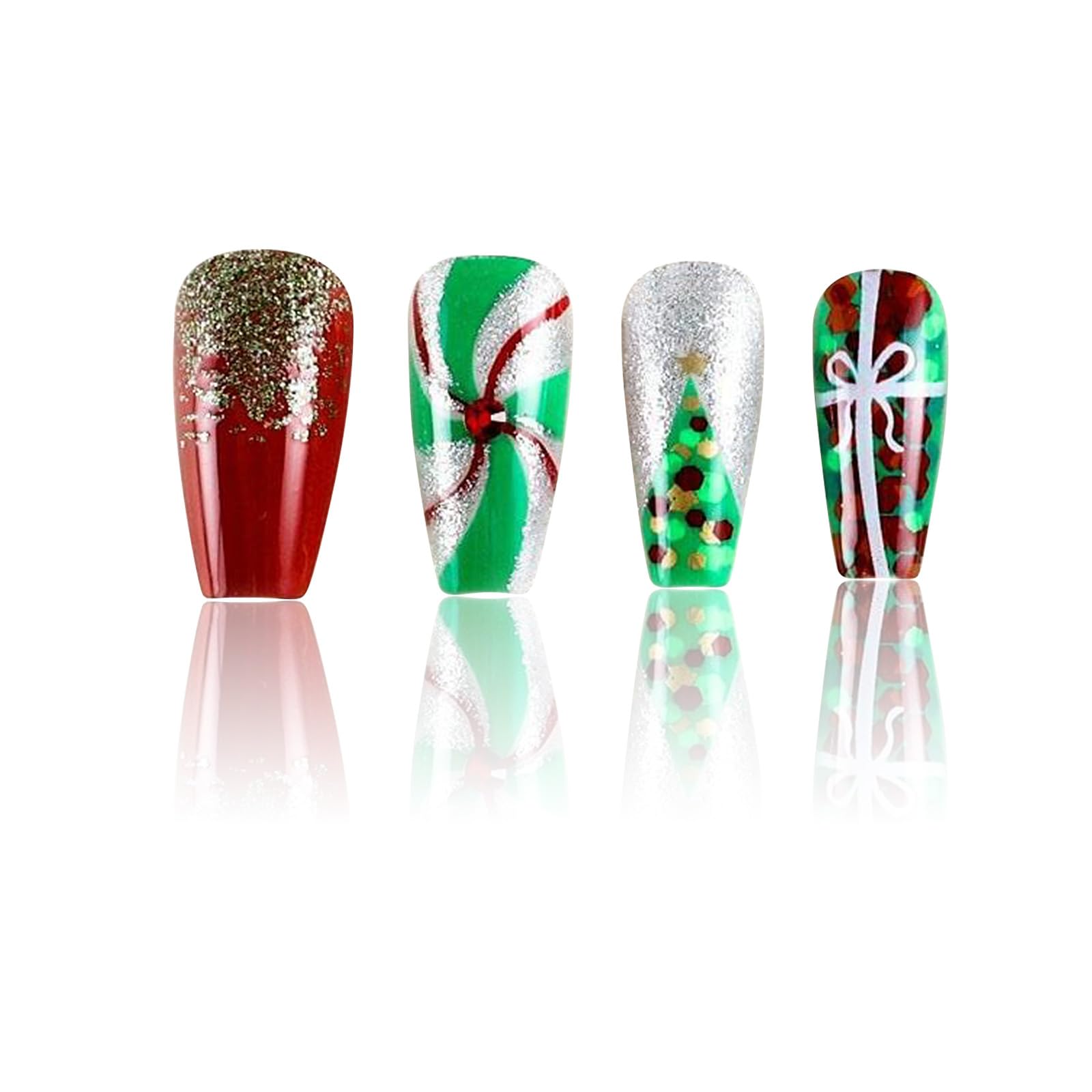 Christmas Press on Nails Medium Coffin Fake Nails with Christmas Tree Designs Glossy Glue on Nails Xmas Design Green and Red Stripes Full Cover False Nails Artificial Acrylic Nails 24PCS
