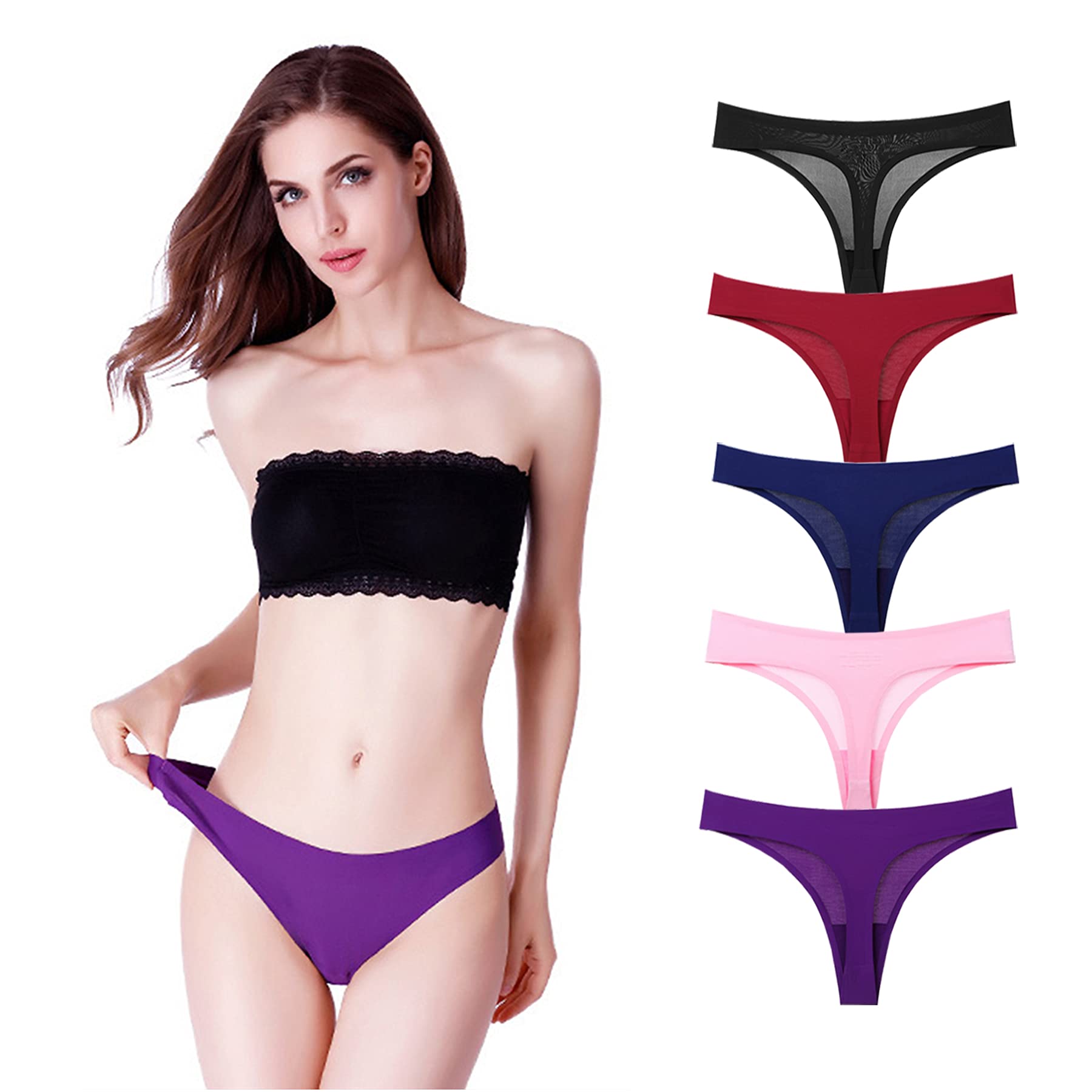 ZoelizeceG String Seamless Thongs Panties Underwear for Women Low Rise Microfiber Hipster Panties Pack of 5 (Large, Color 2- pack of 5)