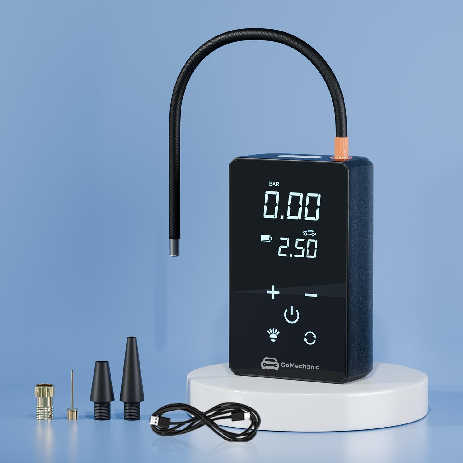 GoMechanic Wireless Tyre Inflator for Car & Bike |150 PSI |3000 mAh Battery | Air Pump with Full LCD Touch Screen, Multiple Presets| PowerBank|Flash Light |Type C, Digital Display, Multiple Nozzles